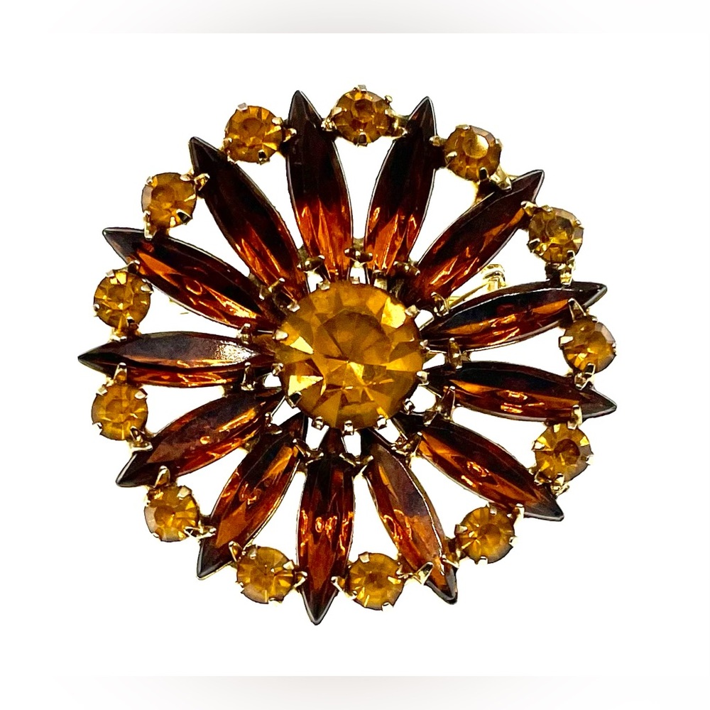 Vintage Starburst Gold Tone Brooch Pin Prong Set Faceted Crystals Navettes MCM